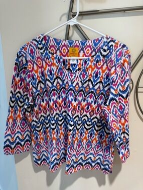 Ruby Rd. Women's Multicolor Patterned 3/4 Sleeve Bohemian Cotton Blend Size PXL